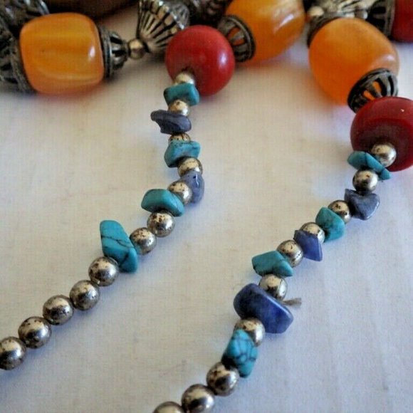 VINTAGE MONIES GERDA LYNGGAARD AMBER BAKELITE TURQUOISE BARREL BEADED NECKLACE - Picture 7 of 8